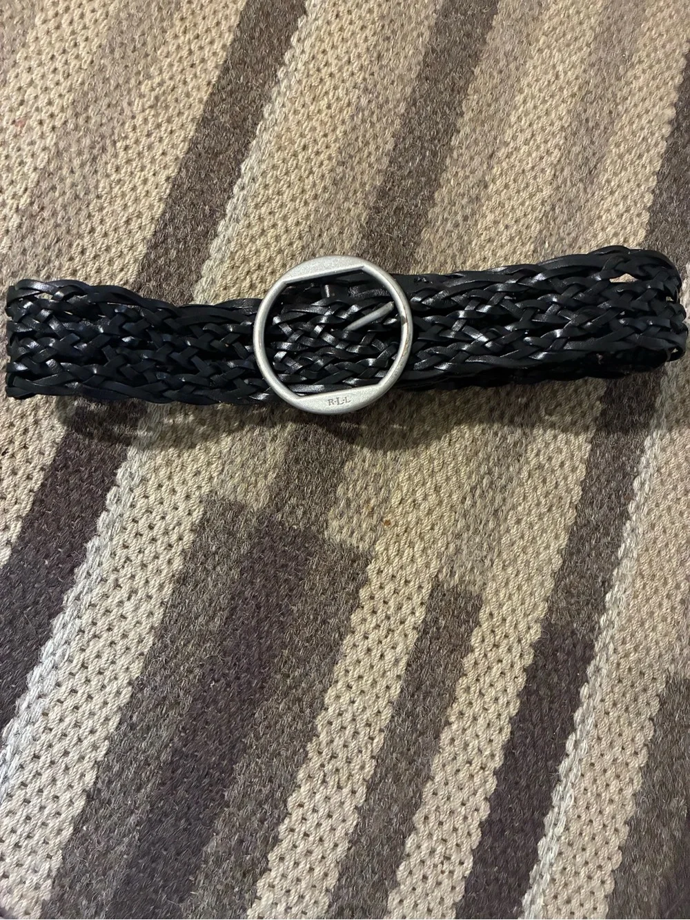 Lauren Ralph Lauren Vintage Black Braided Woven Leather Belt Silver Buckle Fit M